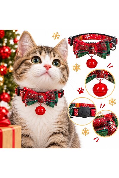 IRO Christmas Collar for Cats, Red with Green Plaid, Elegant Bow and Red Bell...