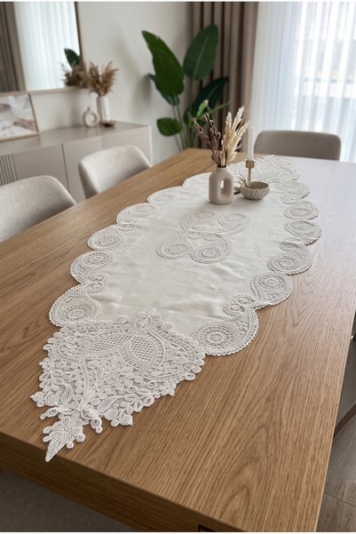 NEEA HOME مفرش طاولة فاخر من الكتان الملكي المزين بالدانتيل الفرنسي، لون إكرو...
