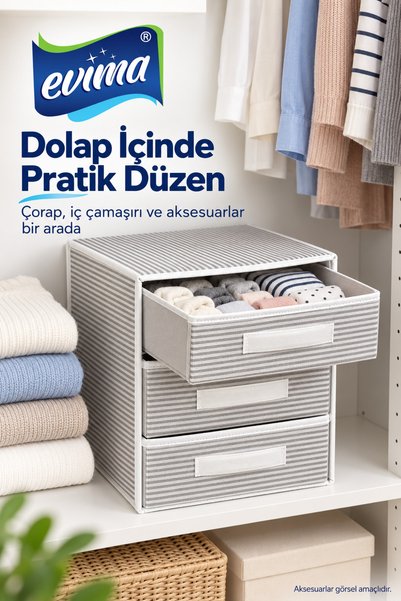 EVİMA 3-fach faltbarer Stoff-Organizer mit Schubladen – Grau gestreift, 32 × ...