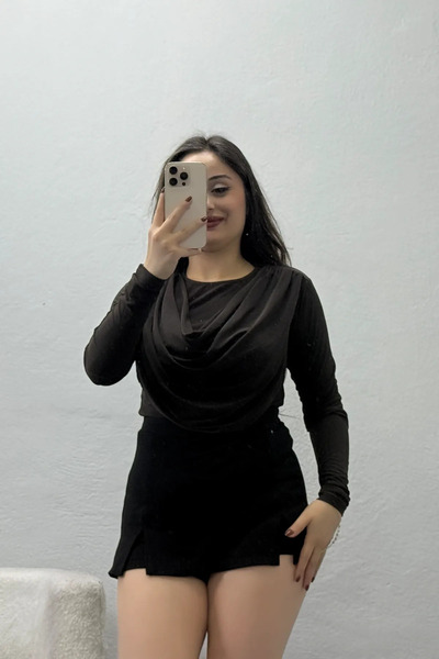 BELENDİR Women's Cowl Neckline, Long-Sleeve Sandy Blouse, Light Brown
