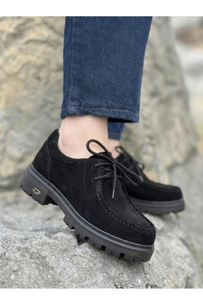 OZ AYAKKABI Kadın Siyah Süet Kalın Tırtıklı Taban Bağcıklı Casual Loafer Ayak...