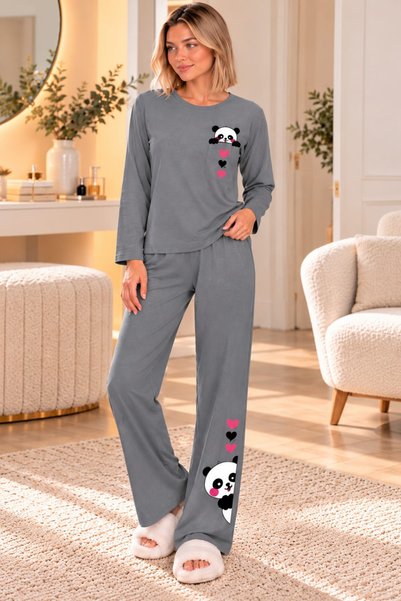 ICOLEXİN Women's Long-Sleeved Cotton Pajama Set with Panda Print
