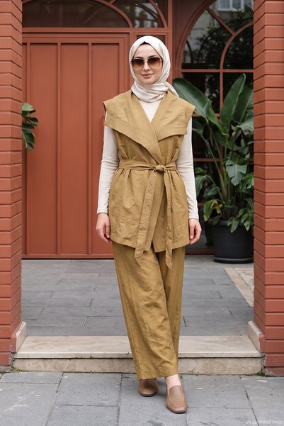 Lale Butik طقم مكون من سترة وبنطلون بياقة شال 14487 أخضر زيتوني
