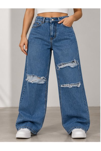 Genel Markalar Kadın Yüksek Yırtık Detaylı Bol Paça Wide Leg Jean Pantolon – ...