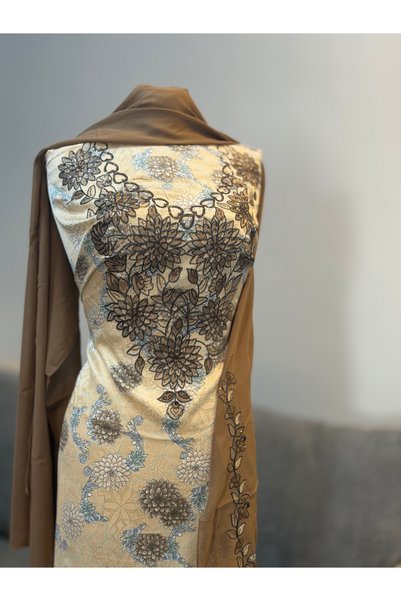 LAVEN Emirati Soft Silk Khimar Fabric with Heavy Embroidery on Chest and Slee...