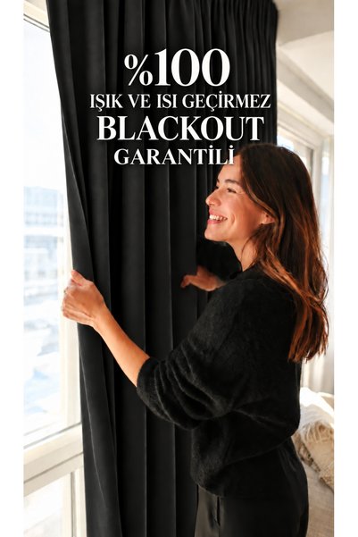 Yuka Premium Ultra Siyah %100 Blackout Saten Fon Perde PİLESİZ Kornişli Kulla...