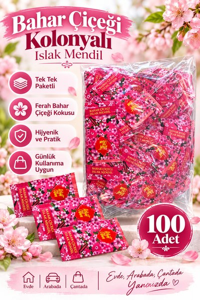 YOK YOK AMBALAJ Kolonyalı Islak Mendil 100 Adet Tekli Paket Bahar Çiçeği Kokulu Restoran ve Cep Mendili