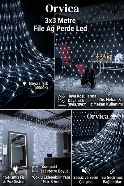 ORVİCA 3x3 Metre Beyaz File Ağ Perde LED Işık Fişli Eklenebilir Yılbaşı Dış Mekan Bahçe Aydınlatması