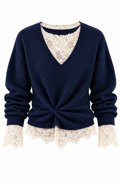 Laluvia Navy Blue Sweater with Ruched Lace Detail - 261156