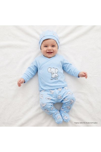 ebebek Hello Baby HelloBaby Erkek Bebek Zıbın-Şapka-Alt Hayvan Baskılı V Yaka...