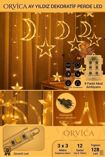 ORVİCA Ay Yıldızlı Perde Led Işık 8 Fonksiyonlu Saçaklı Perde Led Parti Süsü Ramazan Yılbaşı Doğum Günü