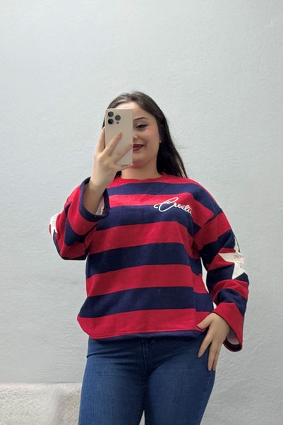 BELENDİR Women's 3-Ply Seamless Sweatshirt, Red and Navy Blue