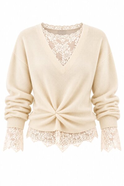 Laluvia Cream-Colored Sweater with Ruched Lace Detail - 261156