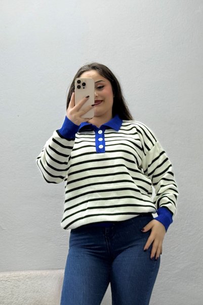 BELENDİR كنزة تريكو نسائية مخططة بأزرار من إكراساكس