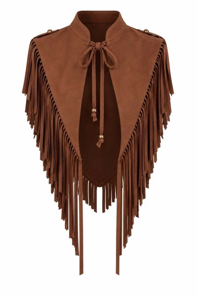 HAZELANNA Taba Süet Püsküllü Crop Panço Bluz