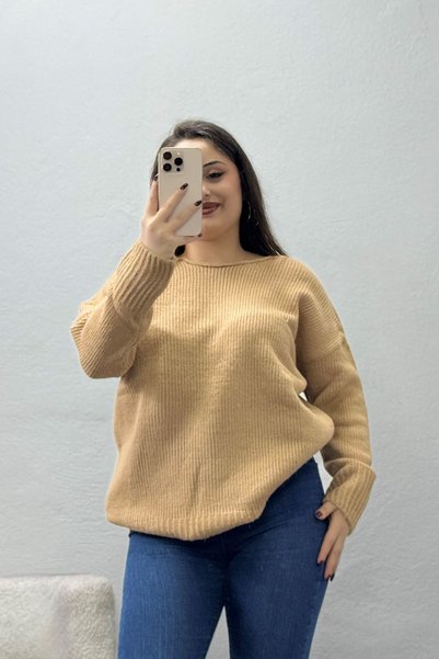 BELENDİR Women's Oversized Short-Sleeve Knit Sweater, Biscuit