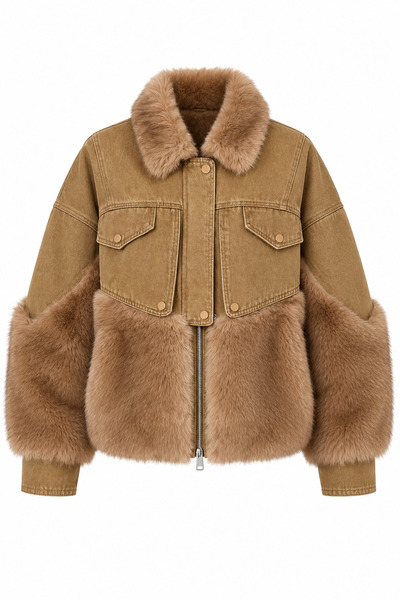 HAZELANNA Camel Peluş Kürk Panelli Denim Mont