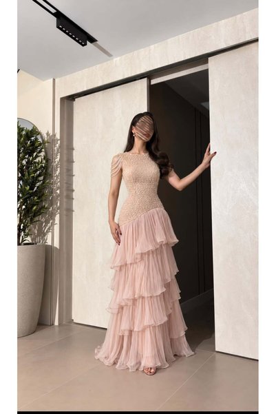 BAKLAFASHO Long Layered Draped Evening Dress with Pearl Beaded Bust and Pearl Chains on the Shoulder - Light Pink