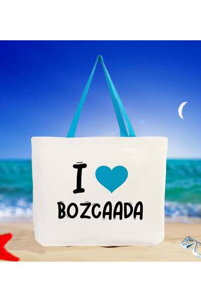 Bk Gift I Love Bozcaada Turquoise-Colored Handle Canvas Beach Bag 48x40m, Pri...