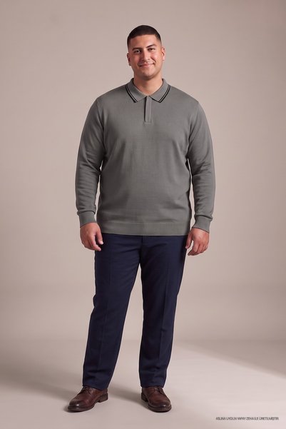Maccali Charcoal Grey Men's Plus Size Polo Collar Knit Sweatshirt with Invisi...