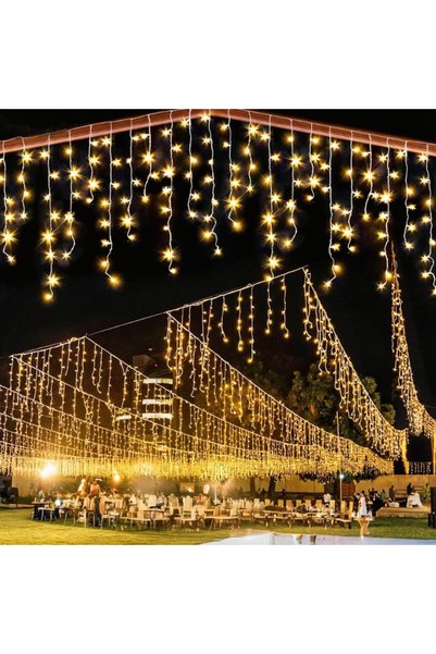 ORVİCA Sarı Led Işık Saçak Sarkıt Efektli 8 Modlu 4 Metre Power Led 16 Saçak Süsleme 220v Fişli