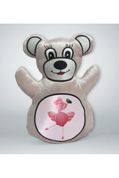 Bk Gift Cream-Colored Teddy Bear Print Pillow with Flamingo Design - 1