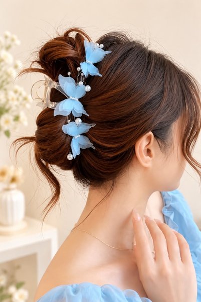 Design 4N Kelebek İnci Toka 13 Cm Büyük Boy / Mandal Şık Topuz Tokası