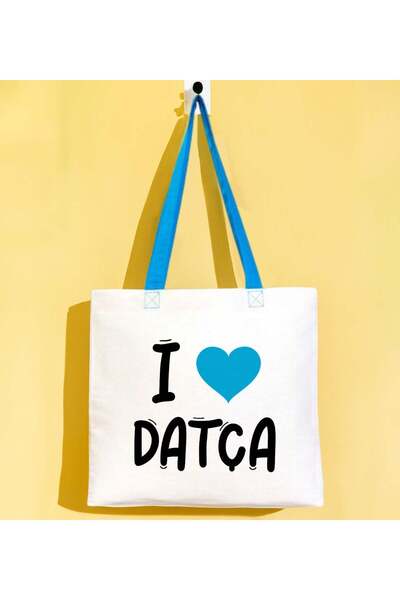 Bk Gift I Love Datça Turquoise-Colored Handle Gabardine Fabric Bag 40x35cm, P...