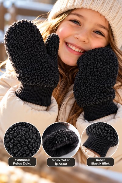 Binbirreyon Teddy Fleece-Lined Fingerless Gloves, Kids' Gloves, Black YA002