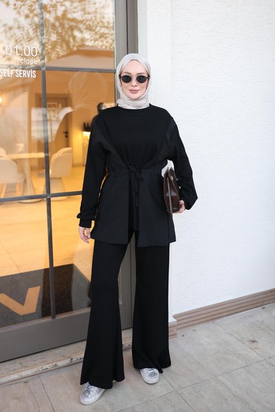 İmajButik Siyah Bağlamalı Garnili Tunik Pantolonlu Oys Takım
