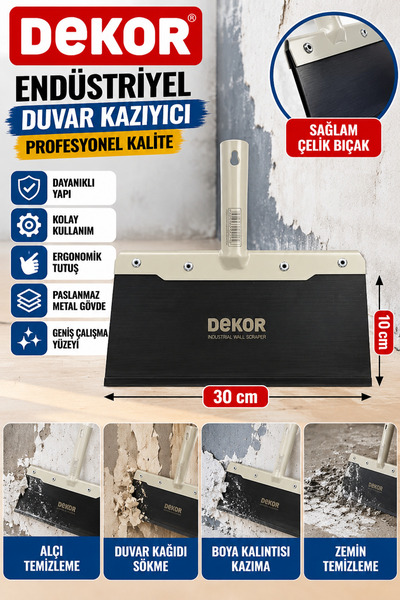 Endüstriyel Duvar Kazıyıcı 30 cm – Profesyonel Çelik Spatula Alçı Boya Sökme ve Yüzey Temizleme Aparatı