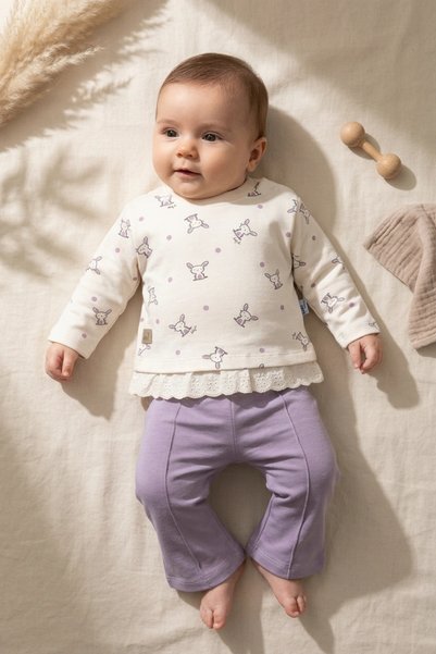 ANP MODA TASARIM Girls' Rabbit-Print Sweatshirt with Lace Details and Lilac F...