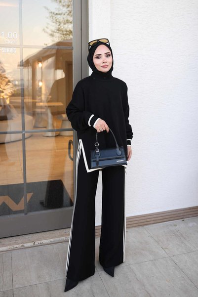 İmajButik Pique Knit Set with Black Striped Detail, Paired with Tunic Pants
