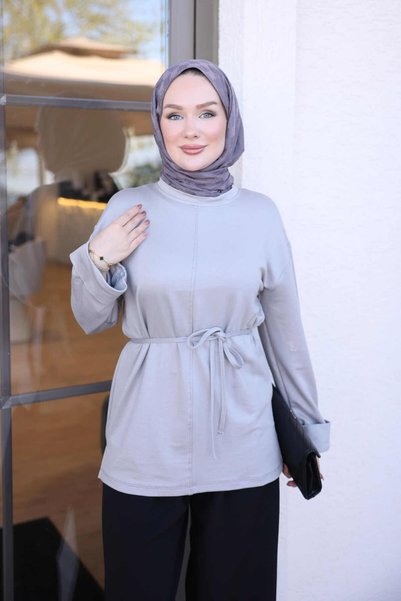 İmajButik Gray Double-Sleeve Piped Tunic