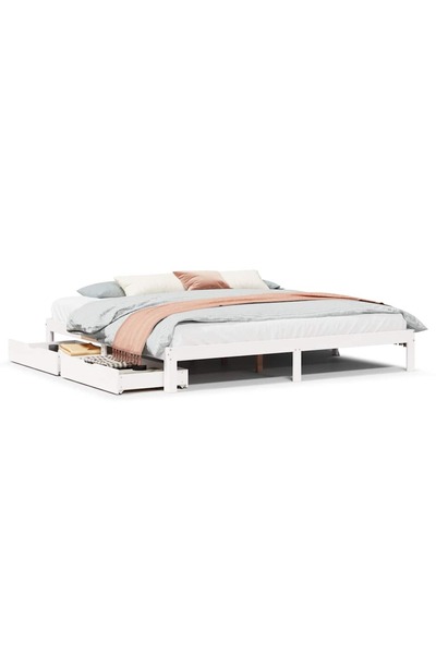Syfax Cadru de pat cu sertare, alb, 180x200 cm, lemn masiv pin