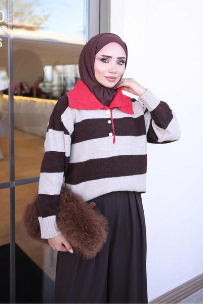 İmajButik كنزة صوفية مخططة بياقة بولو، بلون القهوة/الرمادي الفاتح، ذات ملمس ن...