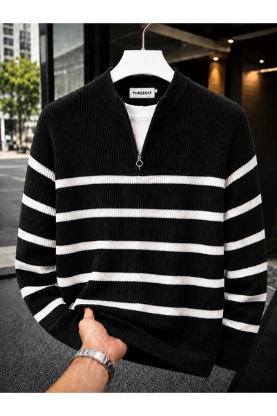 threeoff Erkek Yarım Fermuarlı Triko Kazak Kışlık Kalın Dokulu Modern Fit Pre...