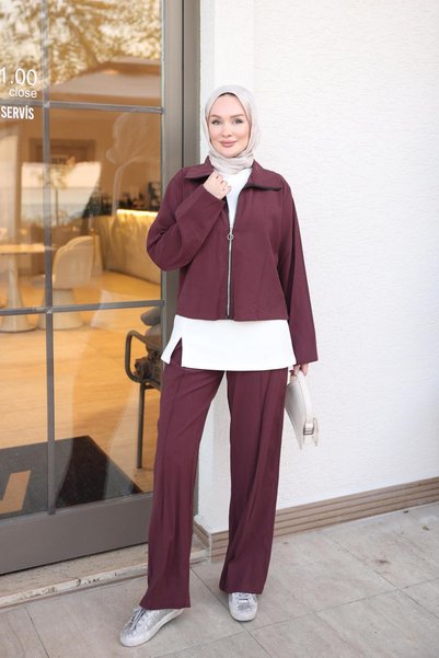 İmajButik Burgundy Zipper Jacket and Pants Three-Piece Set