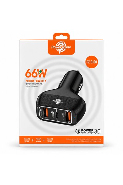 POWERZONE شاحن سيارة PZ-C100 بقدرة 66 واط، مزود بثلاثة منافذ، بما في ذلك منفذ...