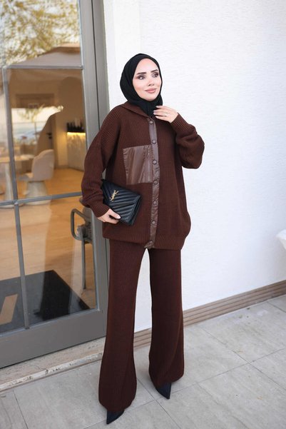 İmajButik Brown Knit Cardigan Set with Pocket Detail and Pants