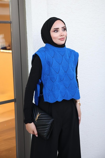İmajButik Cobalt Lace-Like Knit Sweater with Side-Tie Detail