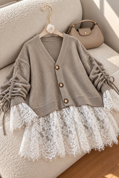 İmajButik سترة صوفية مزينة بالدانتيل وذات أكمام وتنورة من قماش الفيزون.