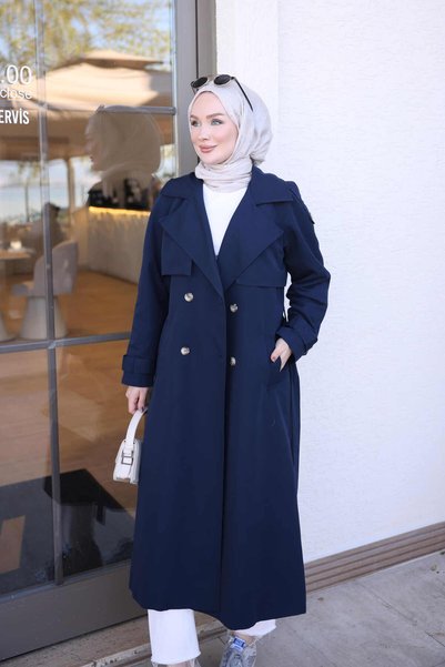 İmajButik معطف واقٍ من المطر بحزام وياقة مزدوجة الصدر باللون الأزرق الداكن