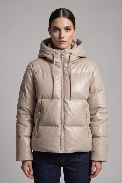 soft&basic Women's Beige Hooded Winter Coat with Pockets