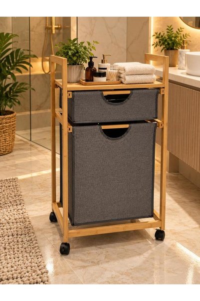 ROSSEV Multi-Tiered Wooden Organizer with Bamboo Baskets and Laundry Basket