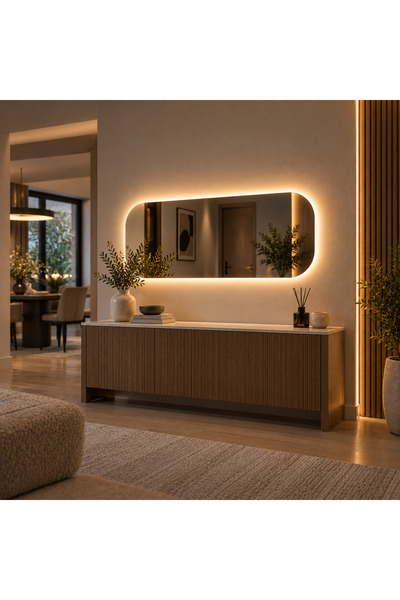 Yatay Kapsül LED Ayna, Arkadan Aydınlatmalı Oval Dikdörtgen Duvar Aynası, Modern Dekoratif Salon, Antre ve Dresuar Aynası