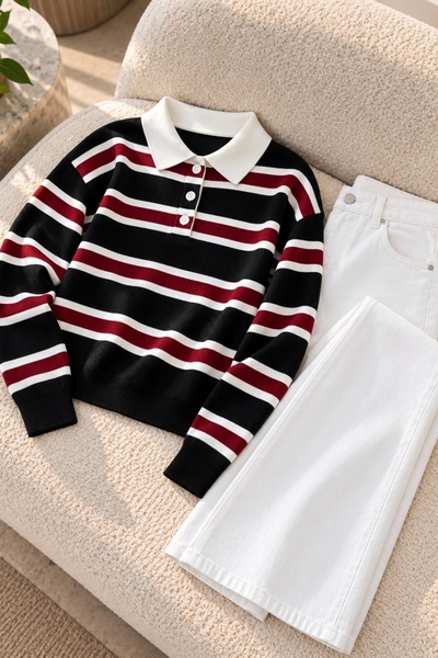İmajButik سترة تريكو مخططة بياقة بولو سوداء