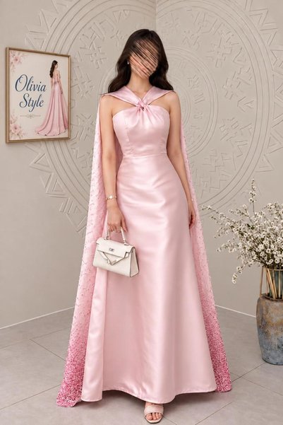 Olivia Style فستان سهرة نسائي طويل باللون الوردي الفاتح، قصة صدر ملتفة مع ياق...