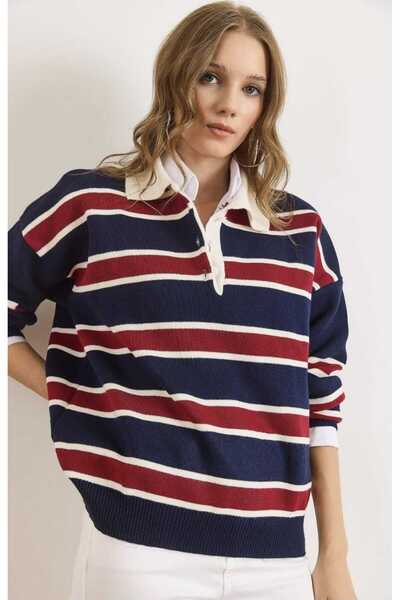 VIORA FASHION Coloriy Multicolored Striped Sweater, Navy Blue