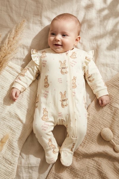 ANP MODA TASARIM 100% Cotton Girl's Baby Romper with Rabbit Print, Footed, an...
